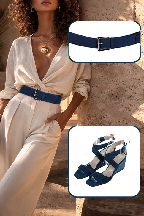 Women's navy blue elegant fully open cross straps sandals. Square toe. Medium wedge heels - Worn view